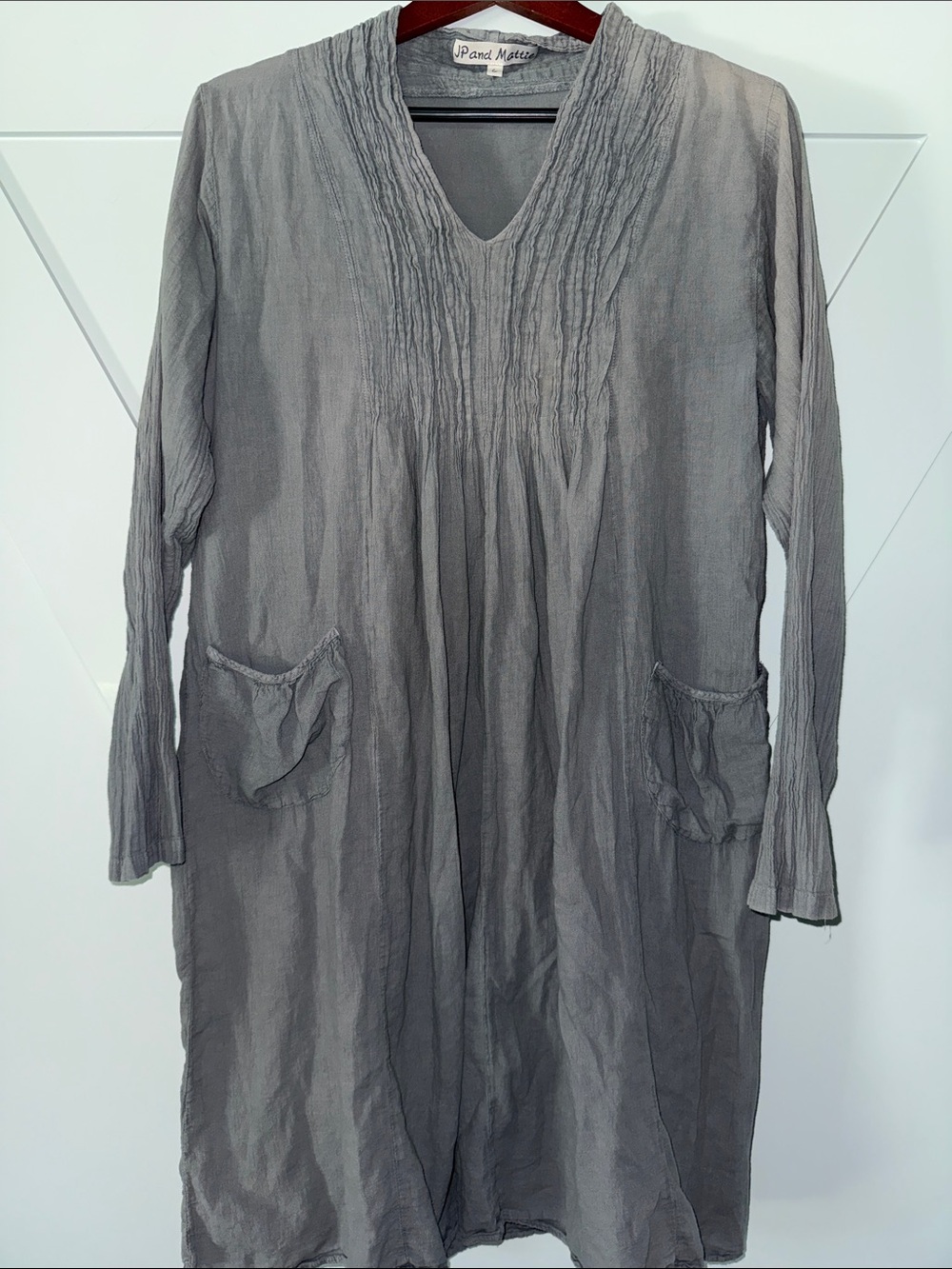 JP and Me Gray Long Sleeve Pleated V-Neck Dress